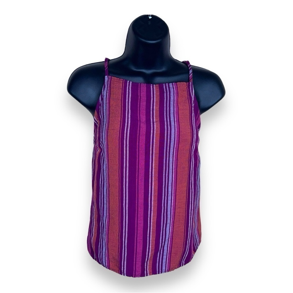 XS A NEW DAY LINEN BLEND TANK PURPLE ORANGE STRIPE SLEEVELESS COLORFUL BOHO